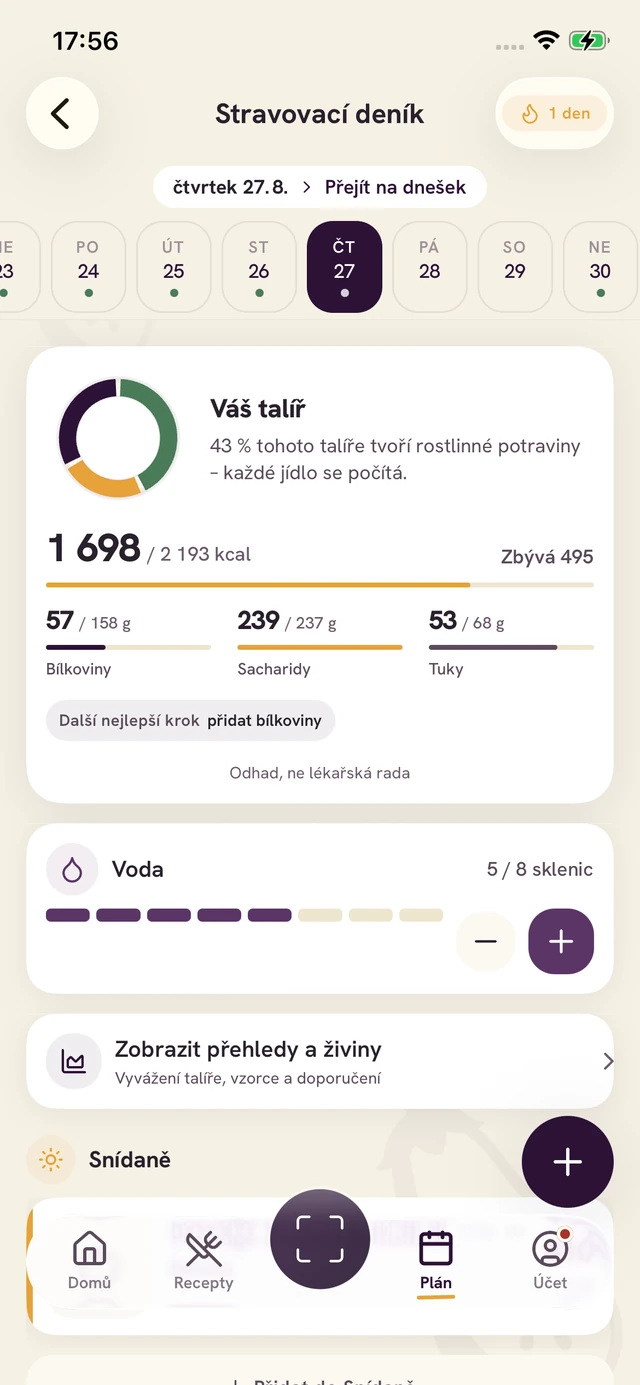 Obrazovka aplikace Forkin: Zapište jídlo