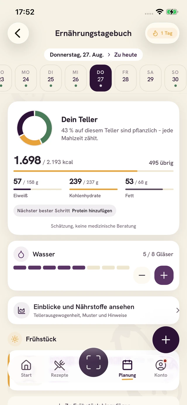 Forkin-App-Bildschirm: Mahlzeit eintragen