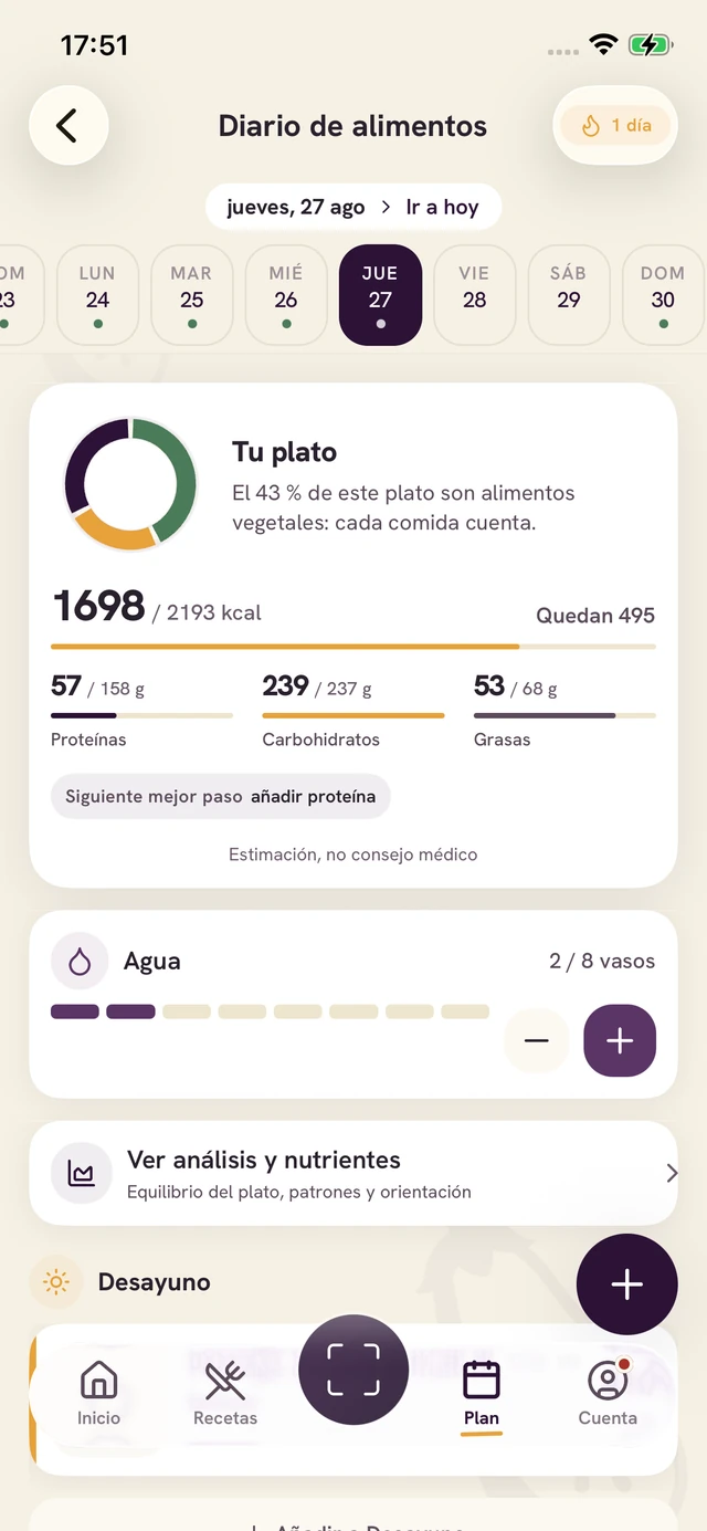 Pantalla de la app Forkin: Registra la comida