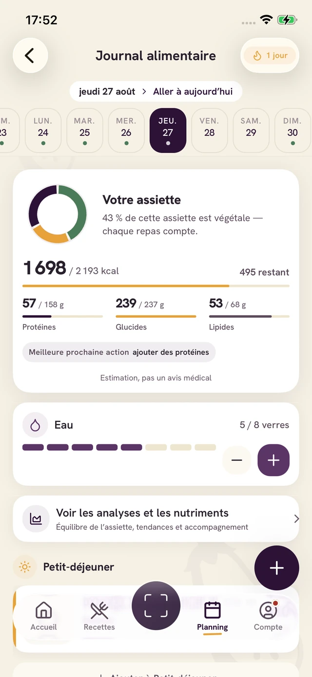 Écran de l’app Forkin : Consignez le repas