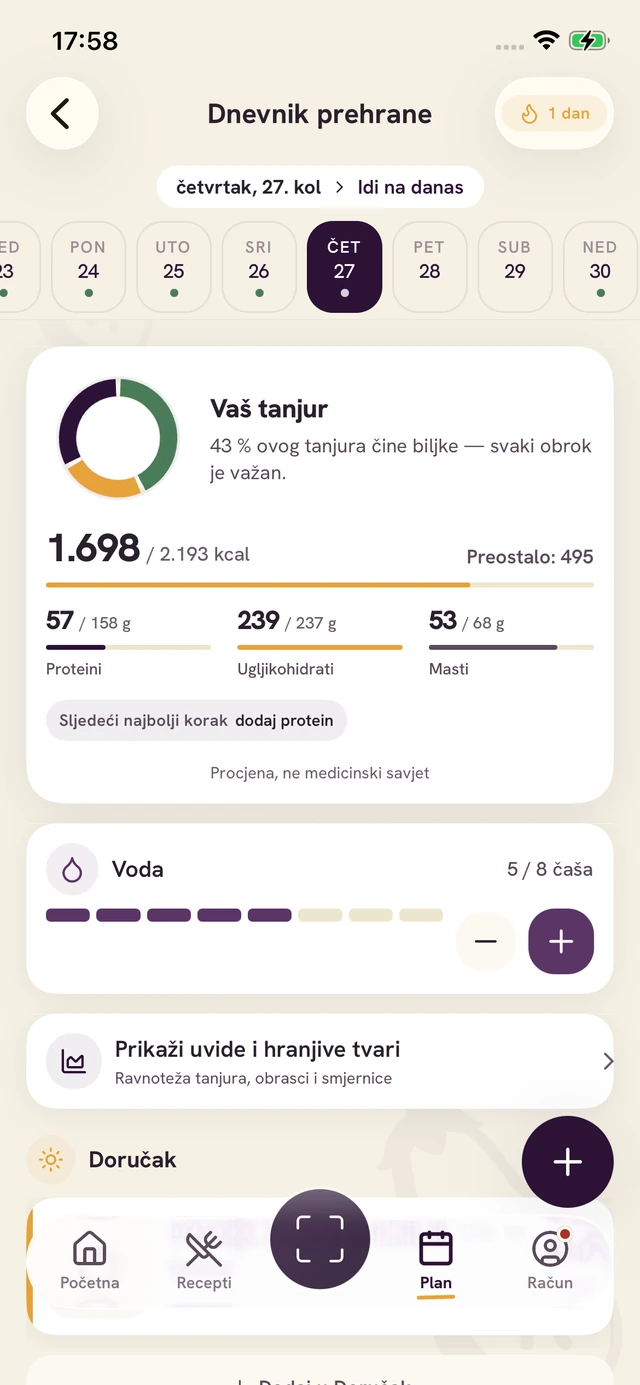 Zaslon aplikacije Forkin: Zabilježite obrok
