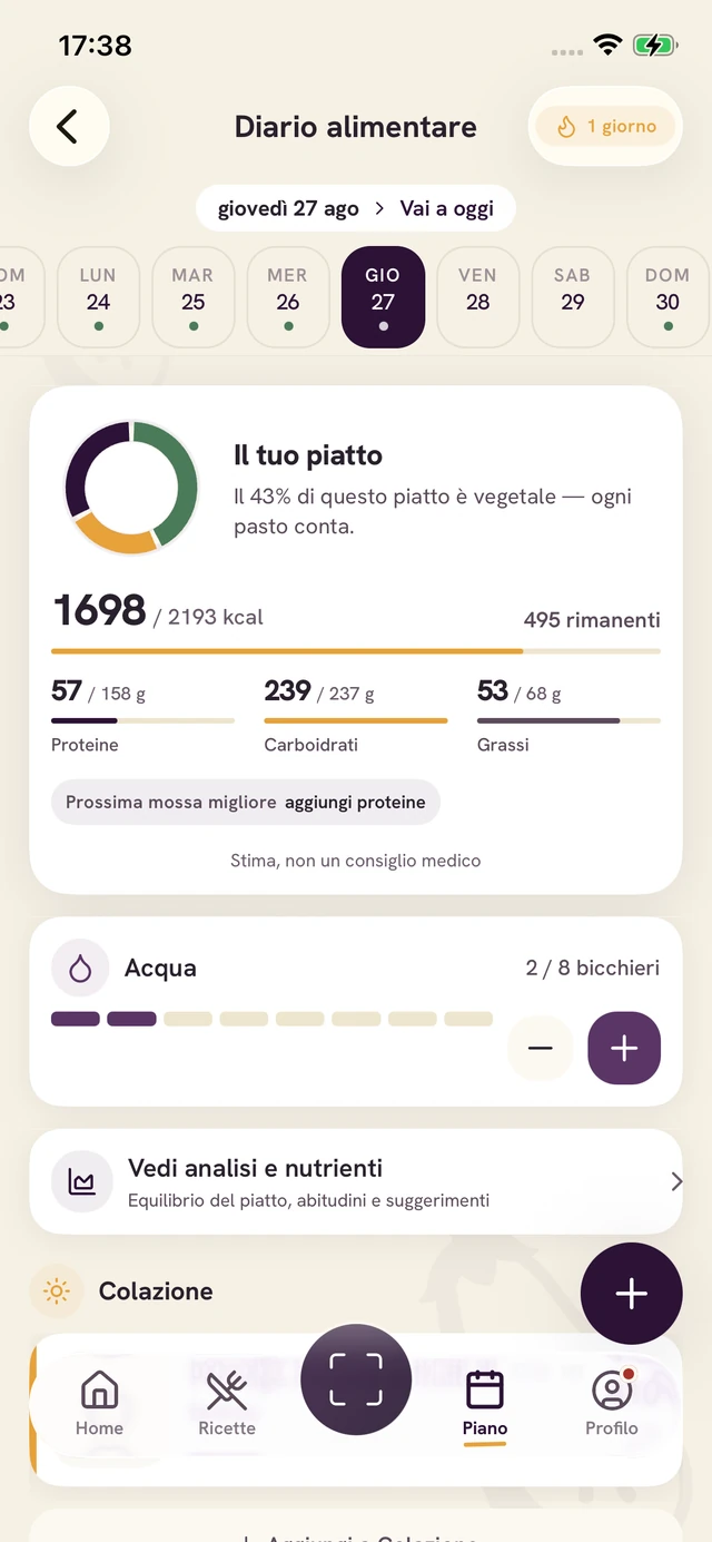 Schermata dell’app Forkin: Registra il pasto