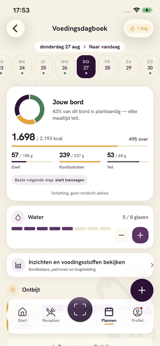 Forkin-appscherm: Log de maaltijd