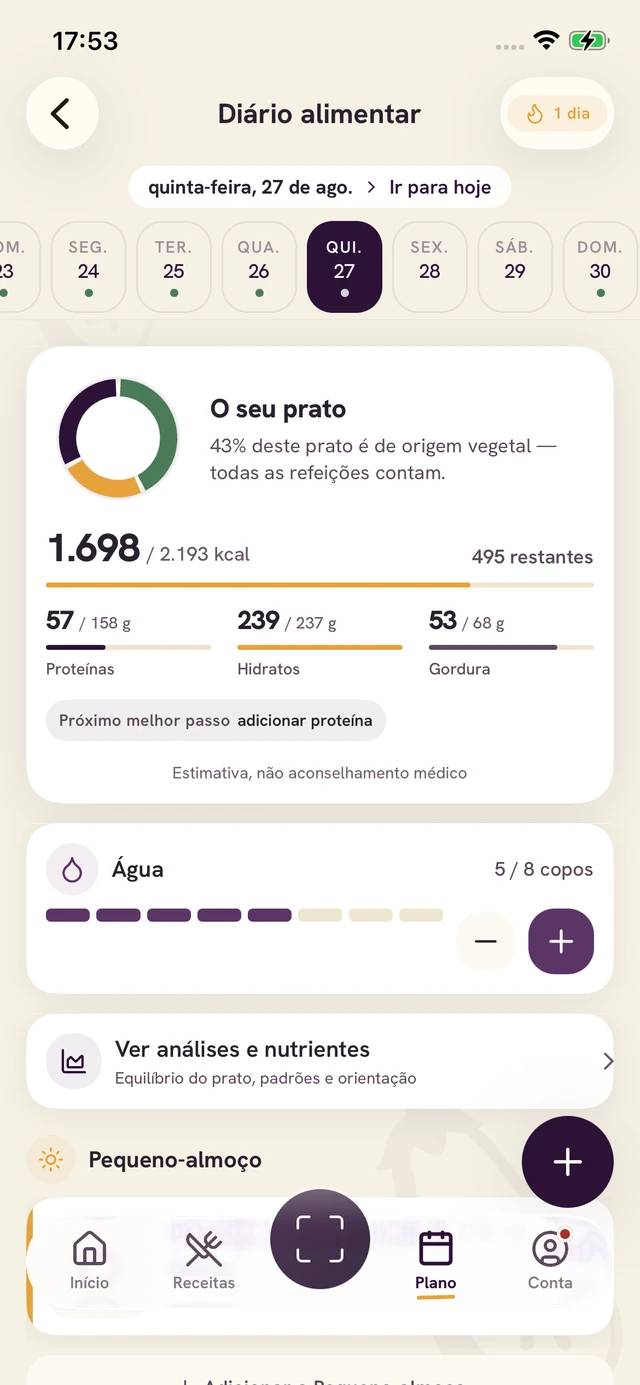 Ecrã da app Forkin: Regista a refeição