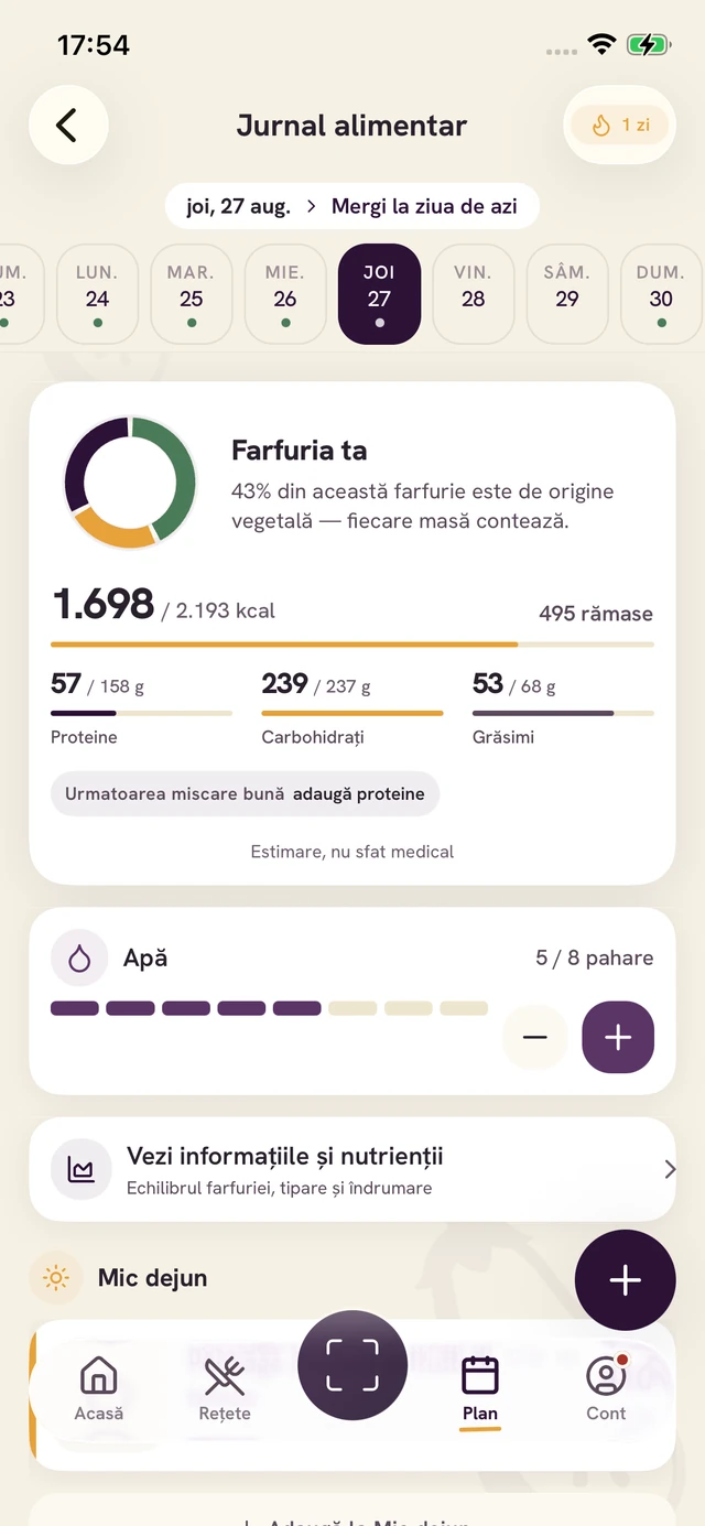 Ecran din aplicația Forkin: Înregistrează masa
