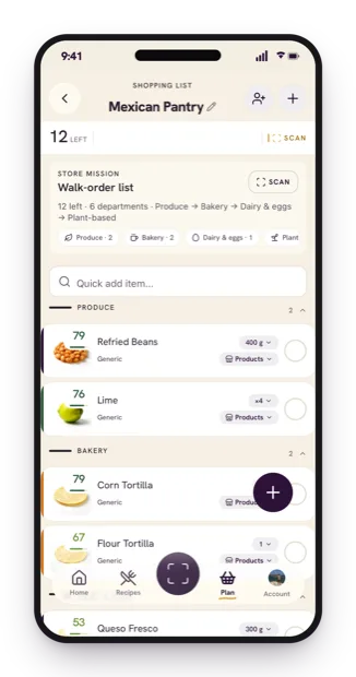 A store-ordered shopping list, scored aisle by aisle